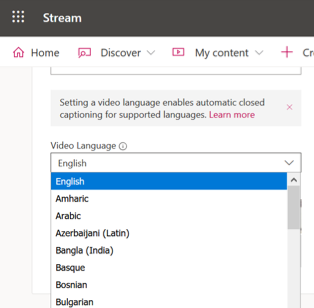 screen shot of the Video Language dropdown field