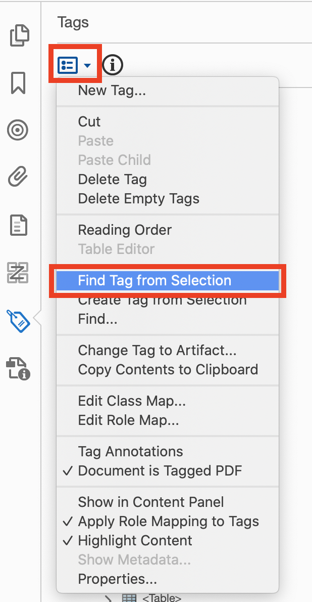 Screenshot of the Tags panel in Adobe Acrobat. The Options icon is selected and the Find Tag from Selection option is highlighted.