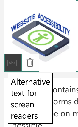 Screenshot showing an image added to the top of the form, with the alt text button clicked and the tooltip showing the text "Alternative text for screen readers"