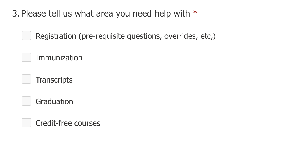 Screenshot of a Choice question type that asks "Please tell us what area you need help with" and has a list of five checkbox options