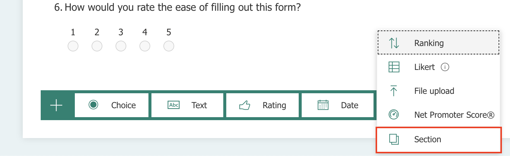 Screenshot showing the types of questions that can be added to a Microsoft Form, with the Section option emphasized with a red border