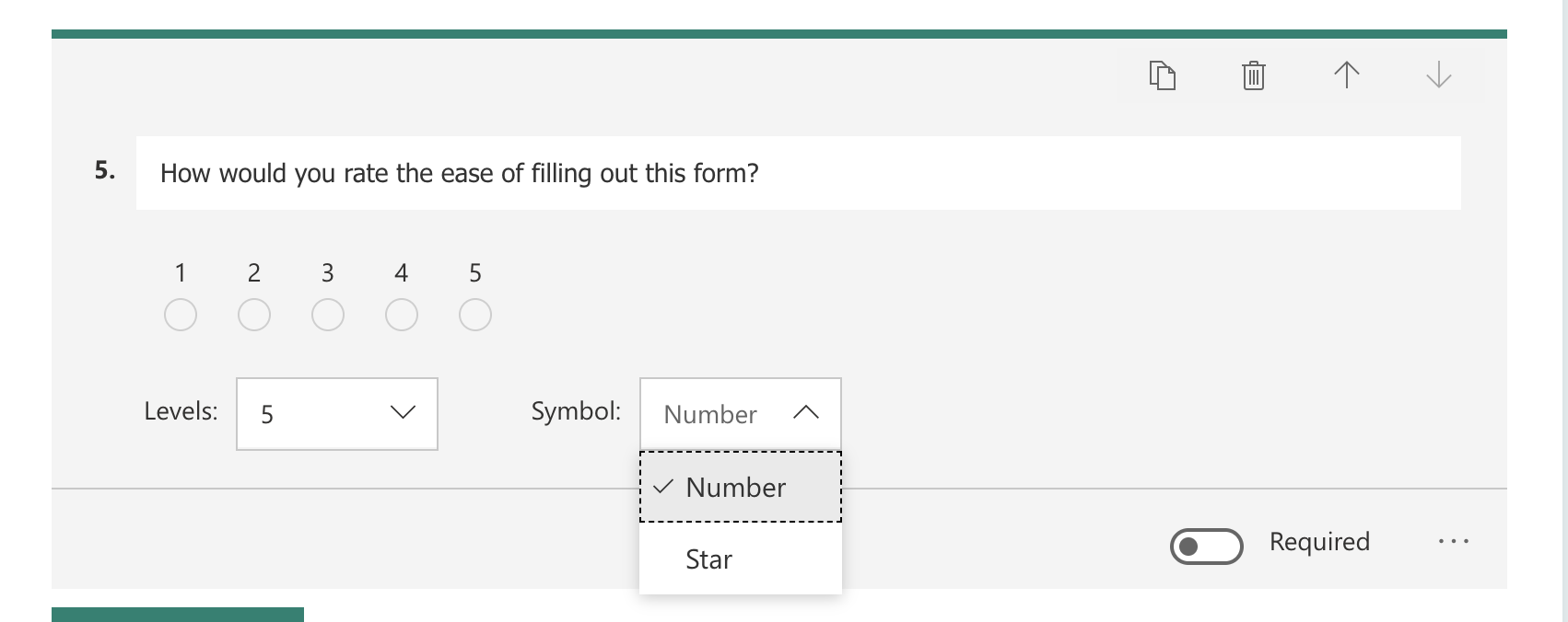 Screenshot showing a Rating question that asks "How would you rate the ease of filling out this form?". The answer could be a radio button with a number of 1 through 5. This is preferable to using the Star option for a rating.