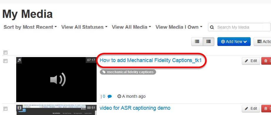 Screenshot of the My Media tool page showing the title of a video next to the video's thumbnail. The title is outlined with a red border.