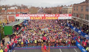 Aerial photo of the Manchester Road Race. Full description below.