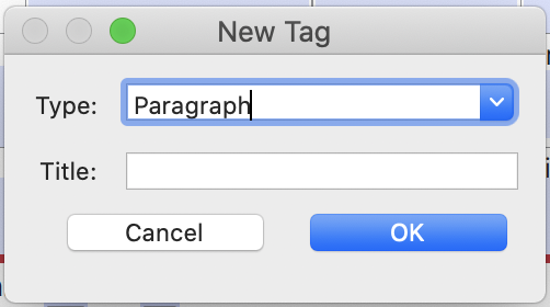 Screenshot showing the New Tag popup window with a select menu for the Type of tag to be added and the Title. Cancel and OK buttons are below the fields.