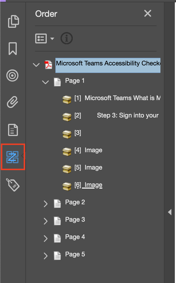 Screenshot of left sidebar in Adobe Acrobat, with the Order tool icon highlighted by a red border for emphasis