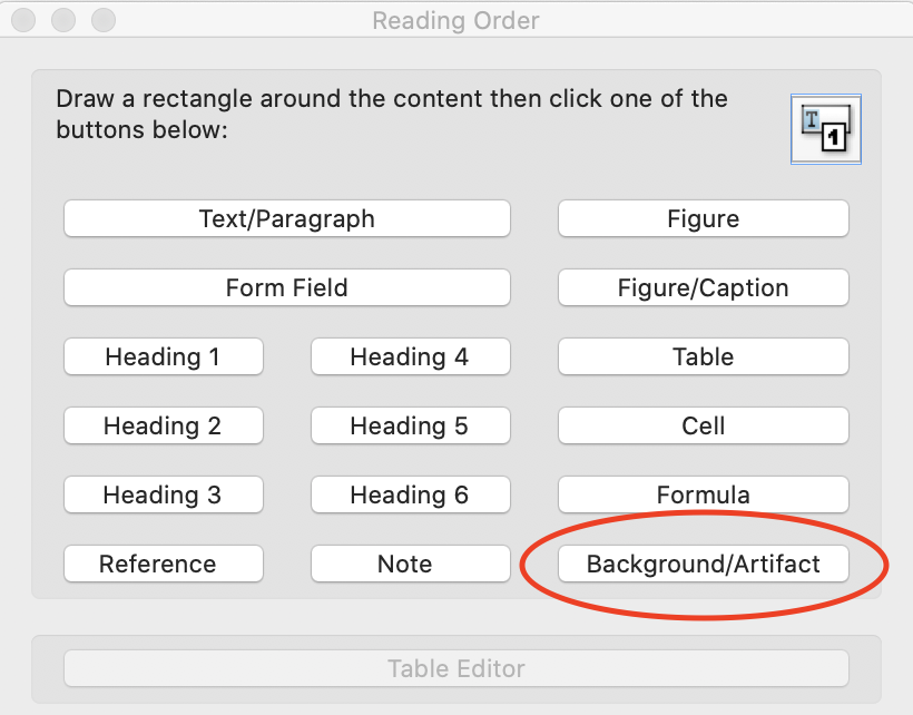 Reading Order window in Adobe Acrobat with the Background/Artifact button circled for emphasis