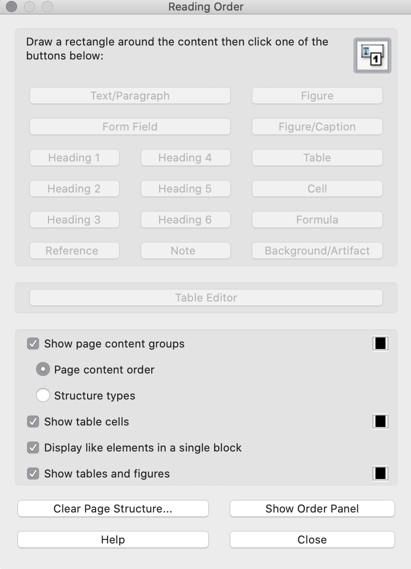 Screenshot of the reading order window in Adobe Acrobat