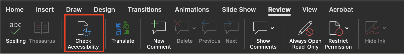 Screenshot of Review tab with Check Accessibility option highlighted using PowerPoint on a Mac.