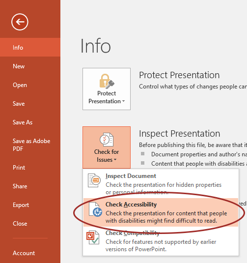 screenshot of selecting Check Accessibility