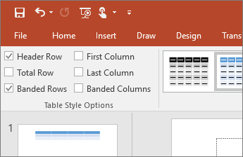 Screenshot of the Header Row check box in the Table Style Options group on the Table Tools Design tab