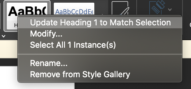 The options shown after right-clicking on a heading style in Microsoft Word, with Update Heading 1 to Match Selection highlighted