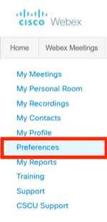 Screenshot of left sidebar navigation in Webex with the Preferences option outlined with a red border