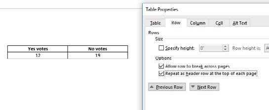 Table properties window in Microsoft Word where header rows are set