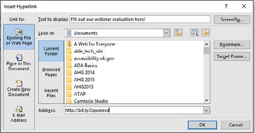 Insert Hyperlink window in Microsoft Word shows a new link being inserted with the text "Fill out our webinar evaluation here!" leading to a web address