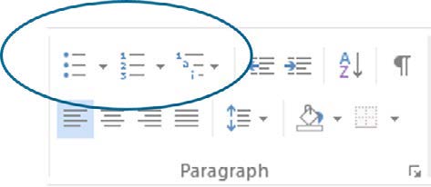 Formatting options in Microsoft Word, with the options for different list structures circled to bring attention to them